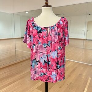 Vibrant Pink and Blue Floral Top with Front Tie Size 2X (42-44)